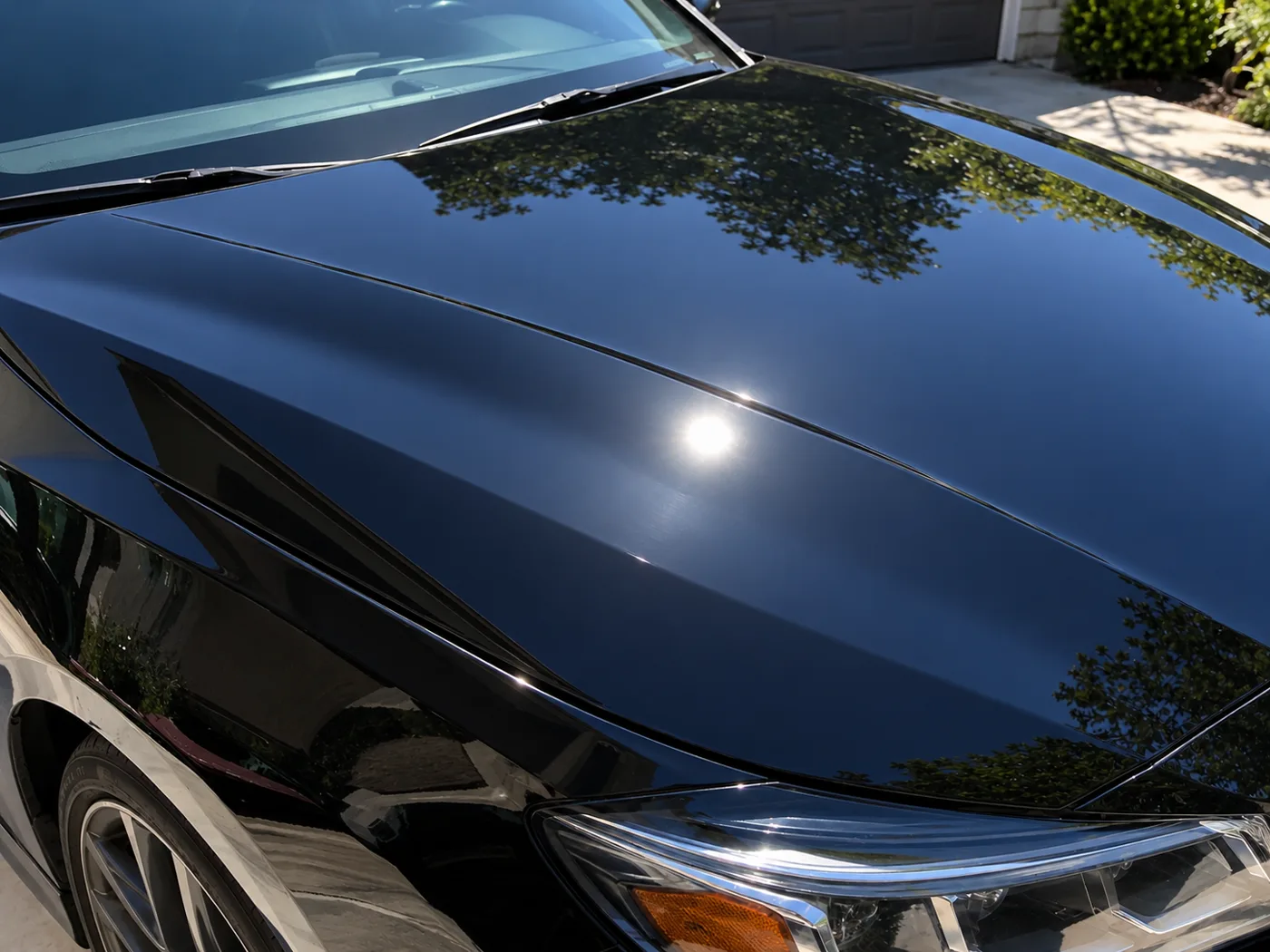 After: the same hood, swirl-free with a mirror reflection